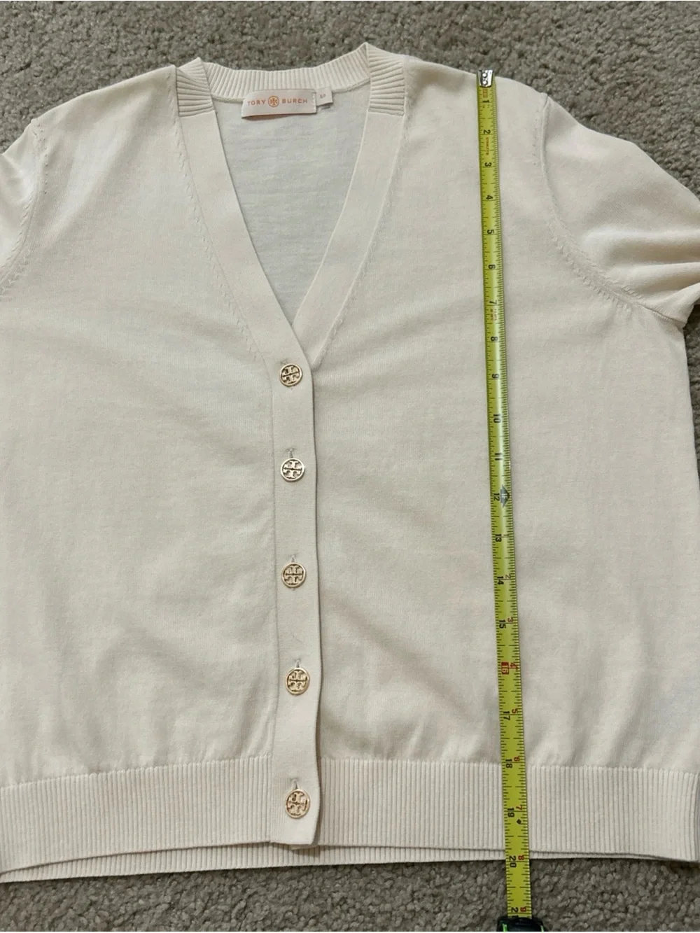 Tory Burch Cardigan Cream Ivory 100% Cotton Logo Button V-Neck Sweater Small
